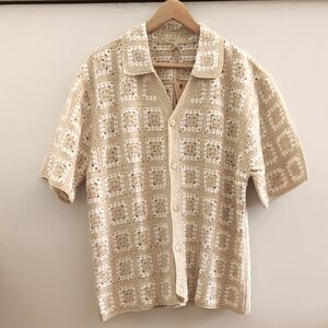 SAND STONE | Men's Beige/White Crochet Button-Down Sweater Short Sleeved Shirt